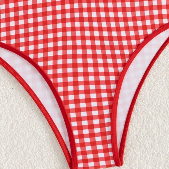 Multicolor Casual Women's V-Neck Plaid Tied Hollow Out One-Piece Suit - Picture 3 of 5